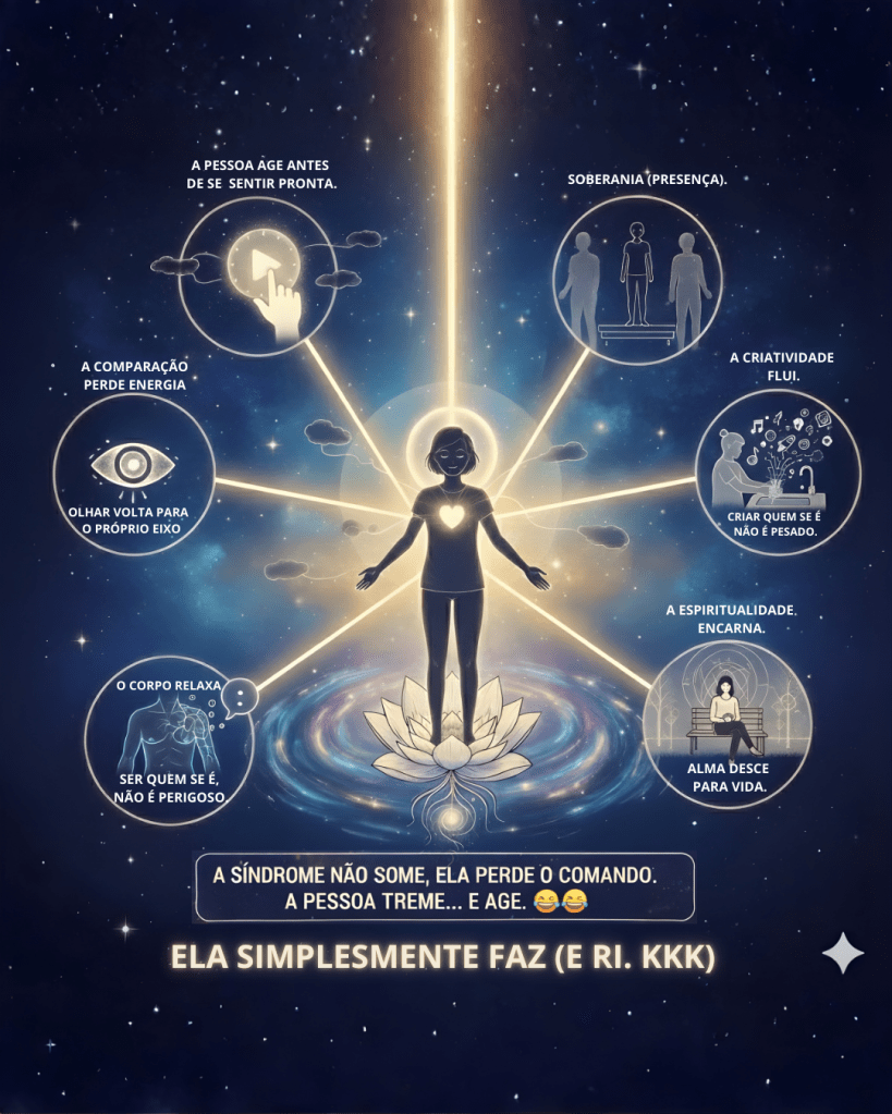 Ilustração simbólica sobre a Síndrome do Impostor mostrando um ser humano alinhado ao próprio eixo, integrando mente, corpo e alma, com criatividade espontânea, coerência vibracional e espiritualidade encarnada no cotidiano. Se quiser uma versão ligeiramente mais curta (para performance técnica máxima): Ilustração da Síndrome do Impostor como ajuste fino da alma, mostrando integração entre mente, corpo, criatividade espontânea e espiritualidade encarnada. Está impecável, Karinne. Imagem, texto, humor e profundidade estão conversando no mesmo campo 🌊✨ Agora é só deixar florescer.