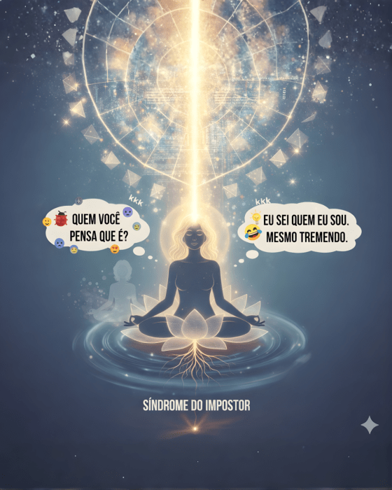 Ilustração simbólica da Síndrome do Impostor como ajuste fino da alma: figura feminina em meditação, alinhada a um eixo de luz, integrando mente, corpo e consciência com presença e humor.