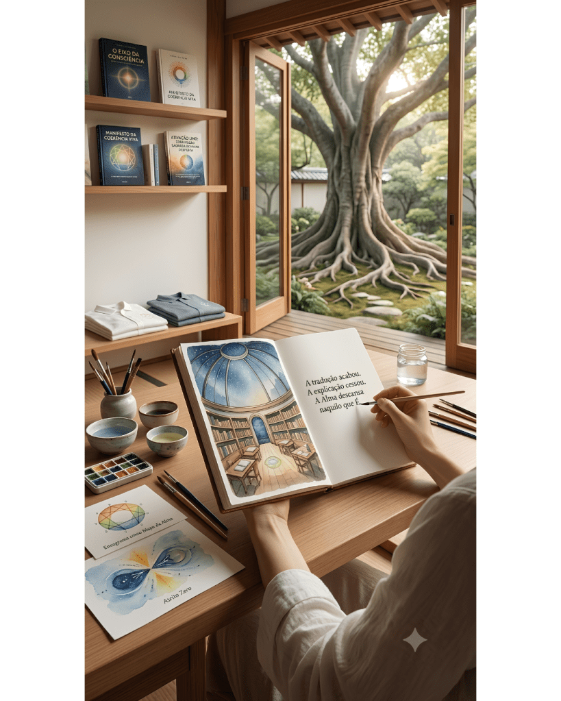Alt Text: Fotografia poética em estilo Fine Art mostrando a perspectiva em primeira pessoa de uma artista segurando um caderno aberto sobre uma mesa de madeira clara. Na página esquerda do caderno, há uma pintura em aquarela de uma biblioteca atemporal com teto panorâmico de vidro revelando o céu estrelado; na página direita, a frase escrita à mão: "A tradução acabou. A explicação cessou. A Alma descansa naquilo que É." Ao lado, sobre a mesa, estão tintas de aquarela, pincéis, copos com água e esboços do Eneagrama e do símbolo do Atrito Zero. Ao fundo, uma estante exibe livros do Eixo da Consciência e camisas dobradas, enquanto portas de madeira abrem-se para um jardim contemplativo com uma grande árvore de raízes expostas.