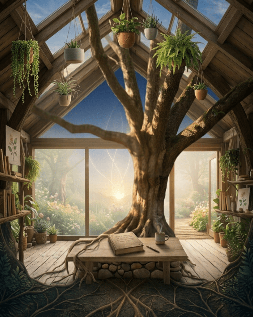 Pintura digital de uma varanda totalmente aberta e integrada a um jardim ensolarado com uma árvore ancestral no centro. Em primeiro plano, uma mesa de madeira clara com um caderno vivencial aberto, uma caneta e uma xícara de cerâmica com vapor sutil. Ao fundo, feixes de linhas luminosas finas e discretas ascendem em direção ao céu no amanhecer, representando o tema O Despertar do Dom: A Coerência entre o Silêncio e a Matéria.