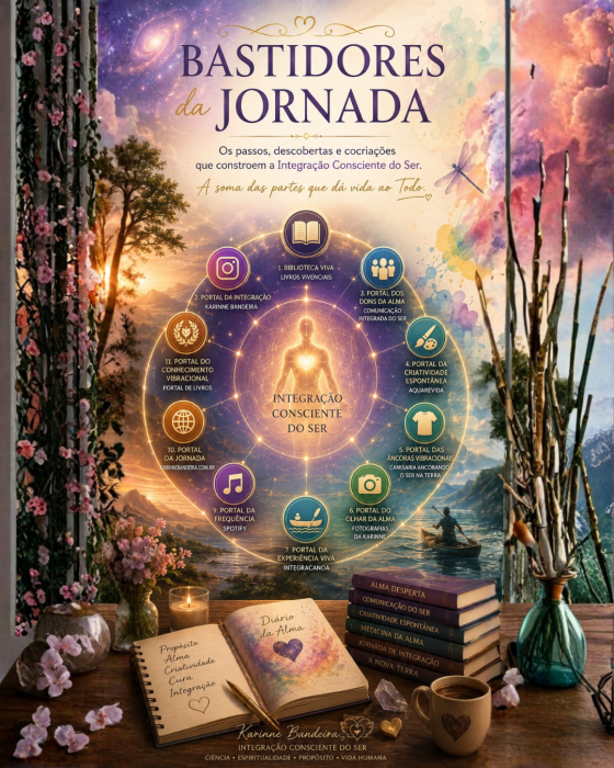 Ilustração vertical representando o ecossistema do Mapa da Alma da Comunicação Integrada do Ser. No centro, uma figura humana luminosa simboliza a Integração Consciente do Ser, cercada por onze portais interligados que representam diferentes dimensões da metodologia viva: livros vivenciais, Karinne Bandeira, Comunicação Integrada do Ser, Criatividade Espontânea, Camisaria Ancorando o Ser na Terra, Fotografias da Karinne, IntegraCanoa, Canal do YouTube, Spotify, Portal da Jornada e Portal do Conhecimento Vibracional. Na parte superior, o título "Bastidores da Jornada" e a frase "A soma das partes é que dá vida ao Todo". A composição utiliza elementos da natureza, livros, arte e luz para simbolizar a integração entre ciência, espiritualidade, criatividade e vida prática.