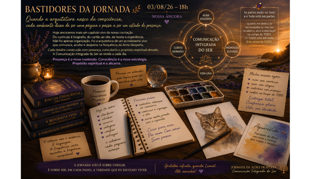 Painel artístico intitulado "Bastidores da Jornada", composto como uma mesa de trabalho ao pôr do sol. Sobre a mesa encontram-se livros, caderno aberto com anotações, caneca, aquarela, pincéis, pintura de um gato, bilhetes manuscritos e elementos que representam a Comunicação Integrada do Ser. Ao fundo, o mar e o pôr do sol criam uma atmosfera contemplativa. Diagramas, frases e símbolos organizam visualmente os principais aprendizados do dia, registrando a integração entre ciência, criatividade, propósito, presença e consciência. A composição representa um momento de organização interior em que diferentes partes de um projeto passam a formar um ecossistema coerente.