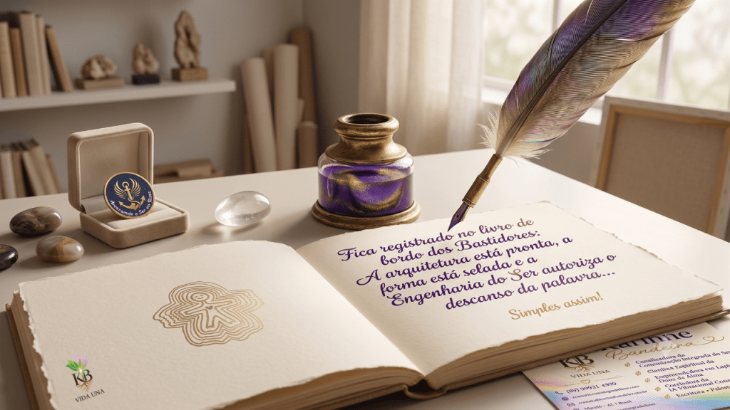 Uma fotografia em close de uma mesa de trabalho serena e iluminada, focada em um caderno aberto com páginas de papel artesanal. Uma caneta-tinteiro de pena repousa sobre a página direita, que contém uma mensagem caligrafada em tinta violeta e dourada em português: 'Fica registrado no livro de bordo dos Bastidores: A arquitetura está pronta, a forma está selada e a Engenharia do Ser autoriza o descanso da palavra... Simples assim!'. A página esquerda possui uma marca d'água sutil e dourada da figura de 'Integração Consciente do Ser'. Ao redor do caderno, estão dispostos itens como pedras polidas, uma caixa de veludo aberta revelando o pin do brasão 'Vida Una KB', e um cartão de visitas com detalhes de contato visíveis. O fundo desfocado evoca um estúdio de arte tranquilo e banhado por luz natural.