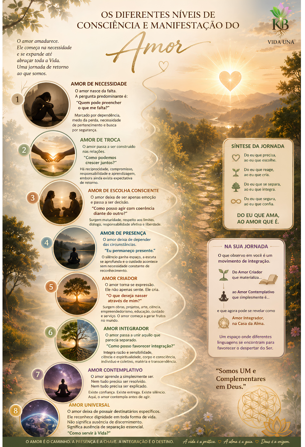 Infográfico ilustrado que apresenta os diferentes níveis de consciência e manifestação do Amor, desde o Amor de Necessidade até o Amor Universal. A imagem representa uma jornada evolutiva por meio de uma trilha iluminada na natureza, integrando desenvolvimento humano, espiritualidade, consciência, criatividade e propósito, culminando na integração do Ser e na expressão do Amor como manifestação da Vida.